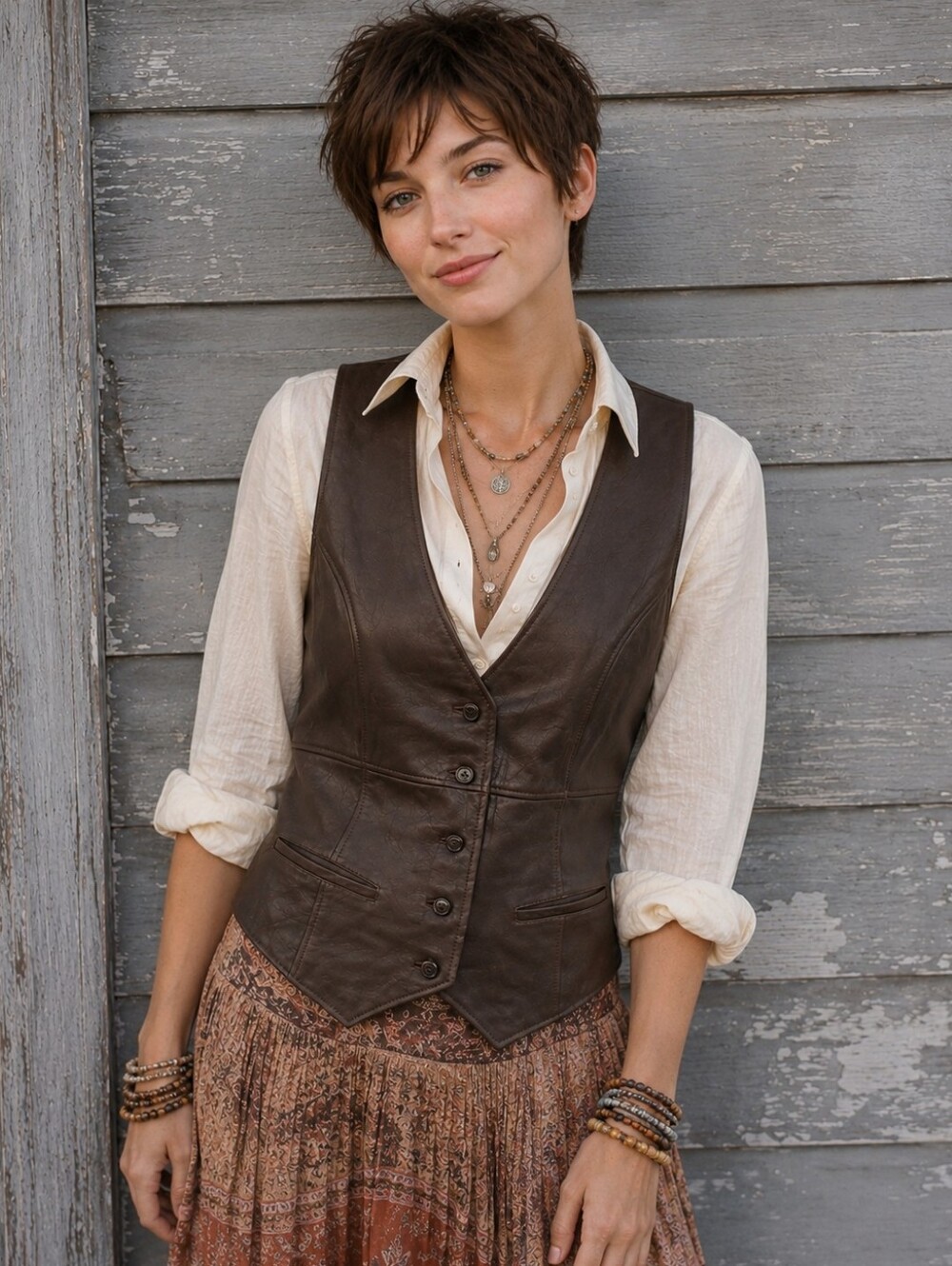 CAbi Chocolate Brown Genuine Leather "Western Tailored" Vest. Size -L